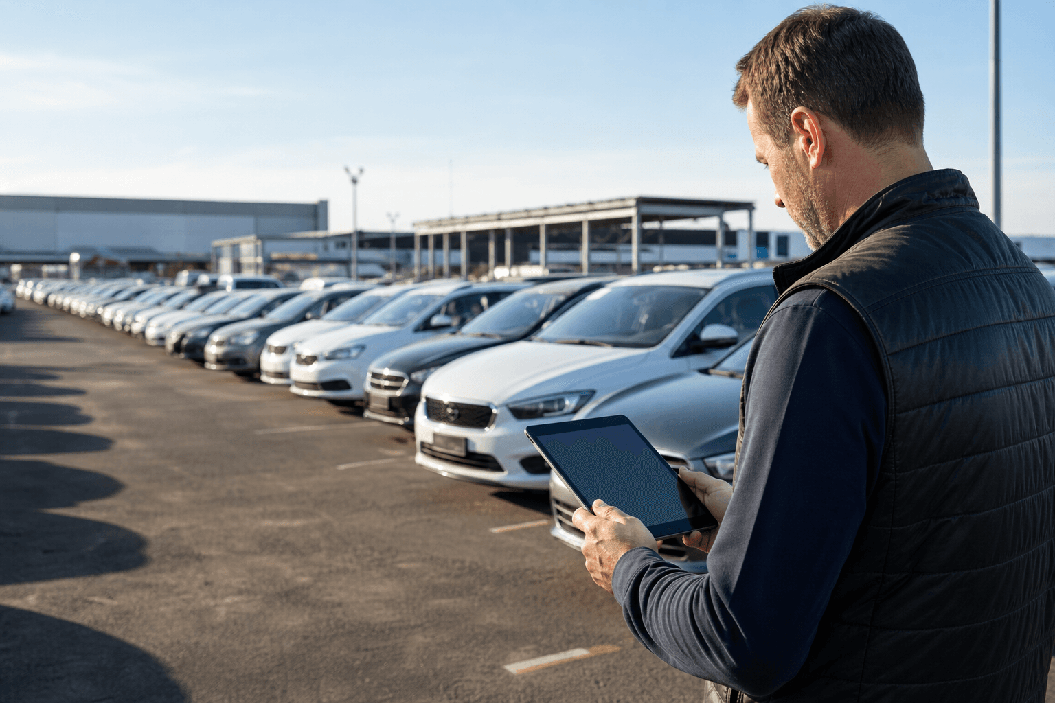 Performance vehicles parked outside a modern dealership